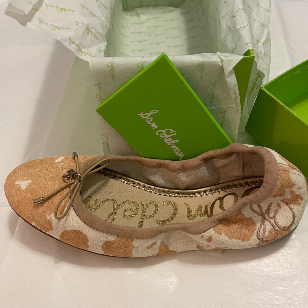 SAM EDELMAN Felicia Ballet Flats in Ivory and Tan Leather Calf Hair Size 5.5 NWT